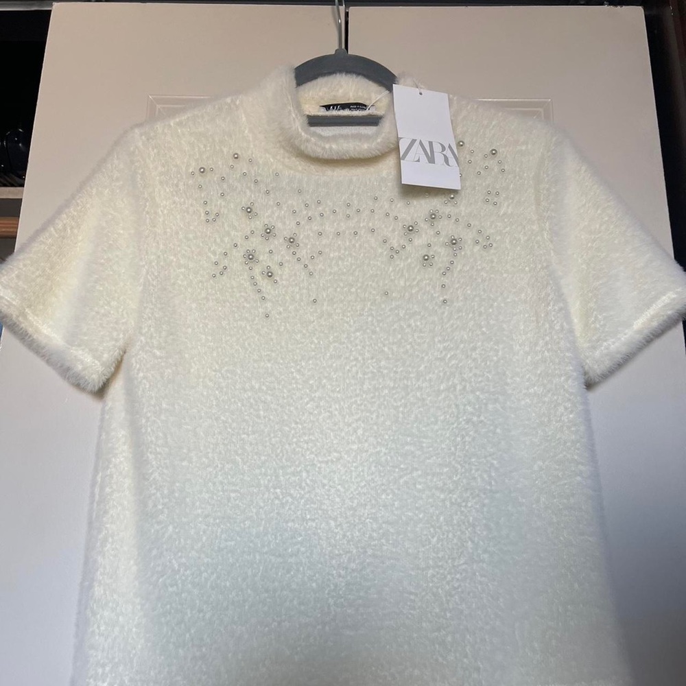 Zara- Faux Fur Fuzzy Top with Pearl Embellishments